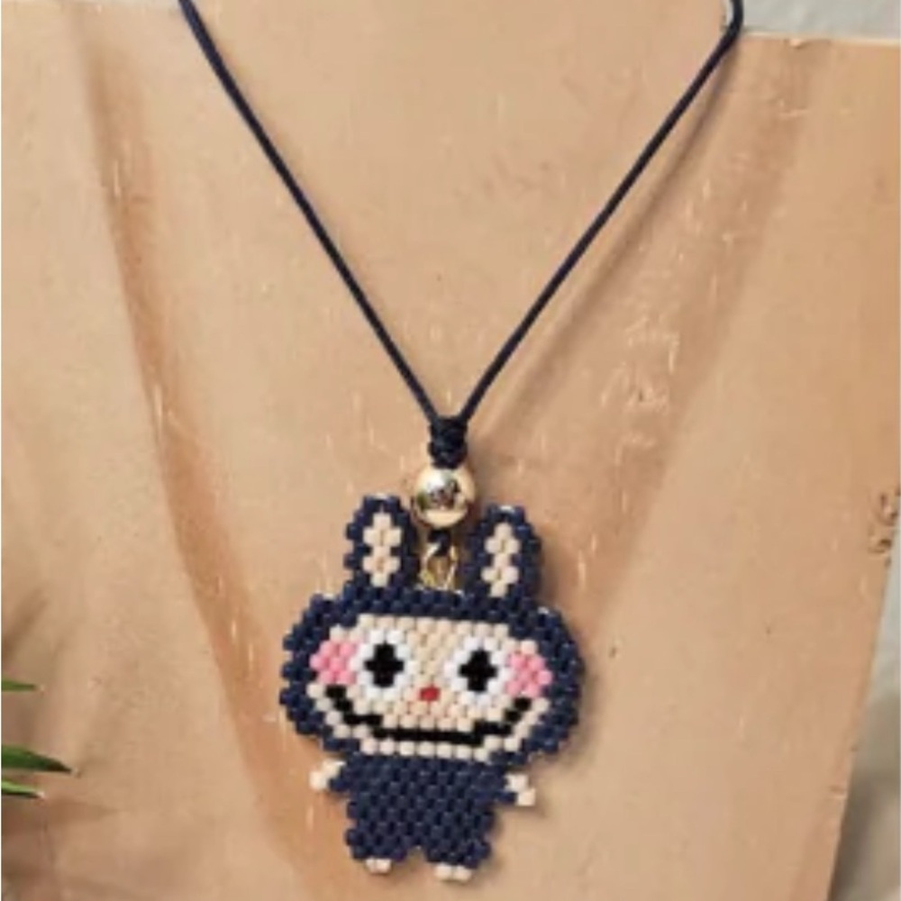 Handmade - Cute Beaded Labubu Necklace - Black and Pink
